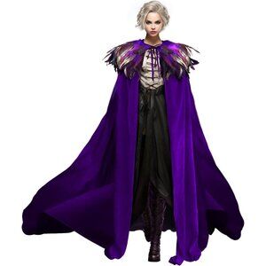 Women Classic Witch Costume and Natural Feather Cape Halloween Witchy Cloak